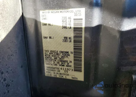 2016 Nissan Maxima 3.5S z USA, uszkodzony, nr VIN 1N4AA6AP3GC411973